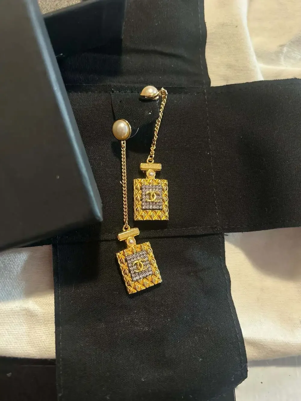 Chanel Gold Crystal Pearl CC Perfume Bottle Chain Drop Earrings